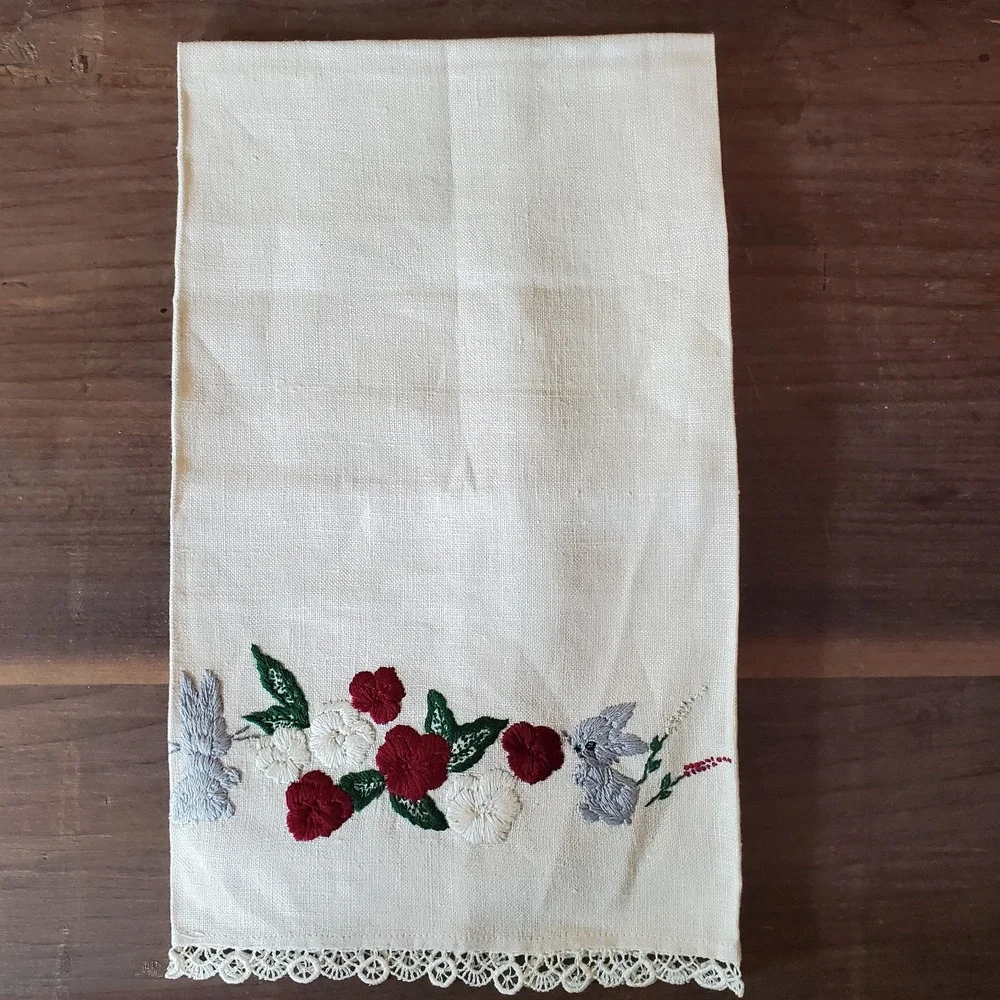 Vintage Hand Towel Embroidery Bunnies & Flowers 25x16 Inch